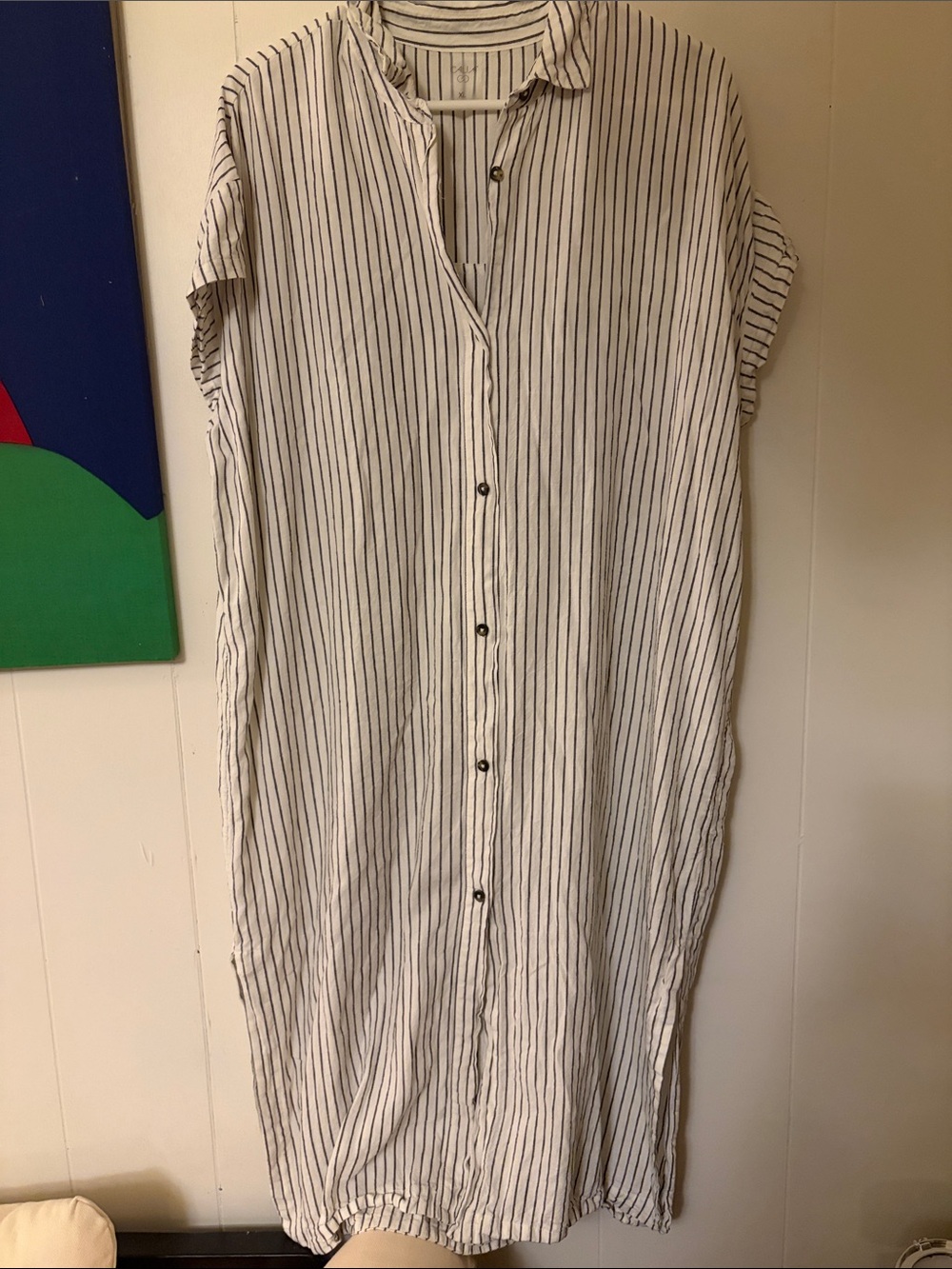 Calia Striped Button-Front Cotton Shirt Dress in White and Navy